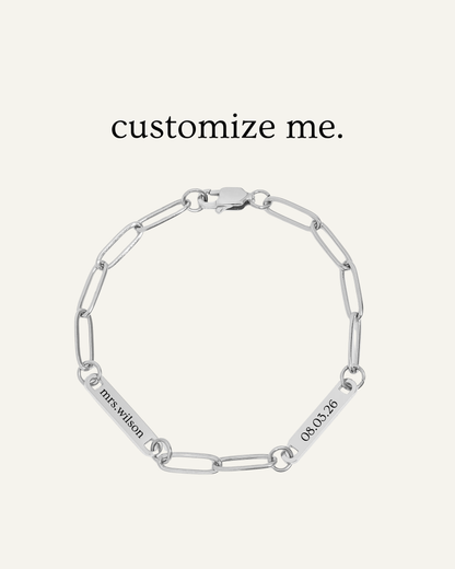 Engraved 2 Bar Bracelet - Silver Paperclip