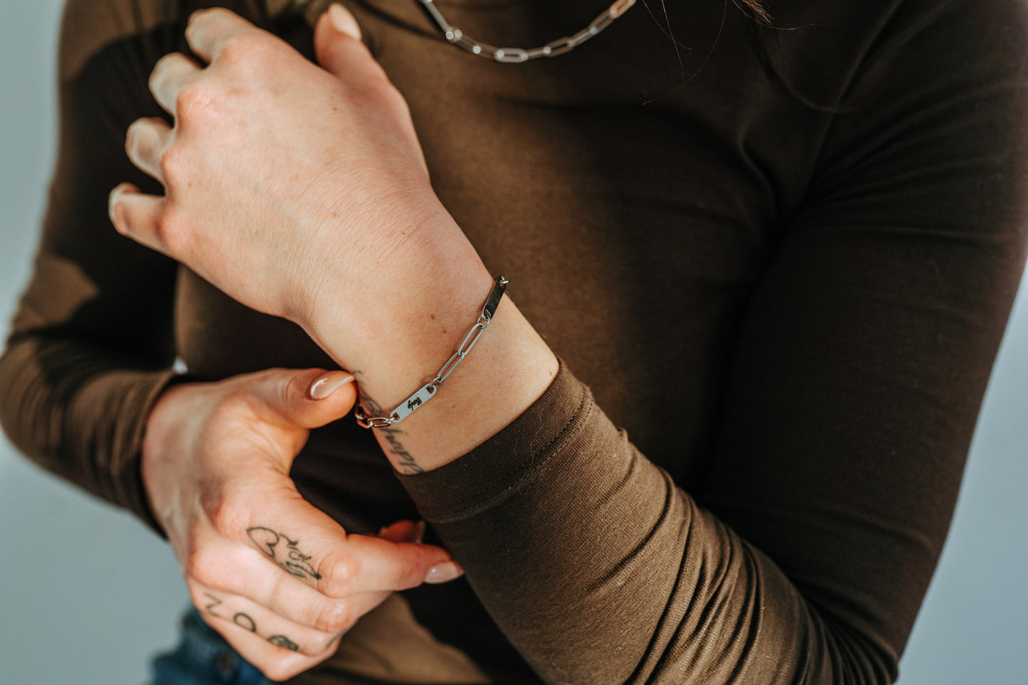 Engraved 2 Bar Bracelet - Silver Paperclip