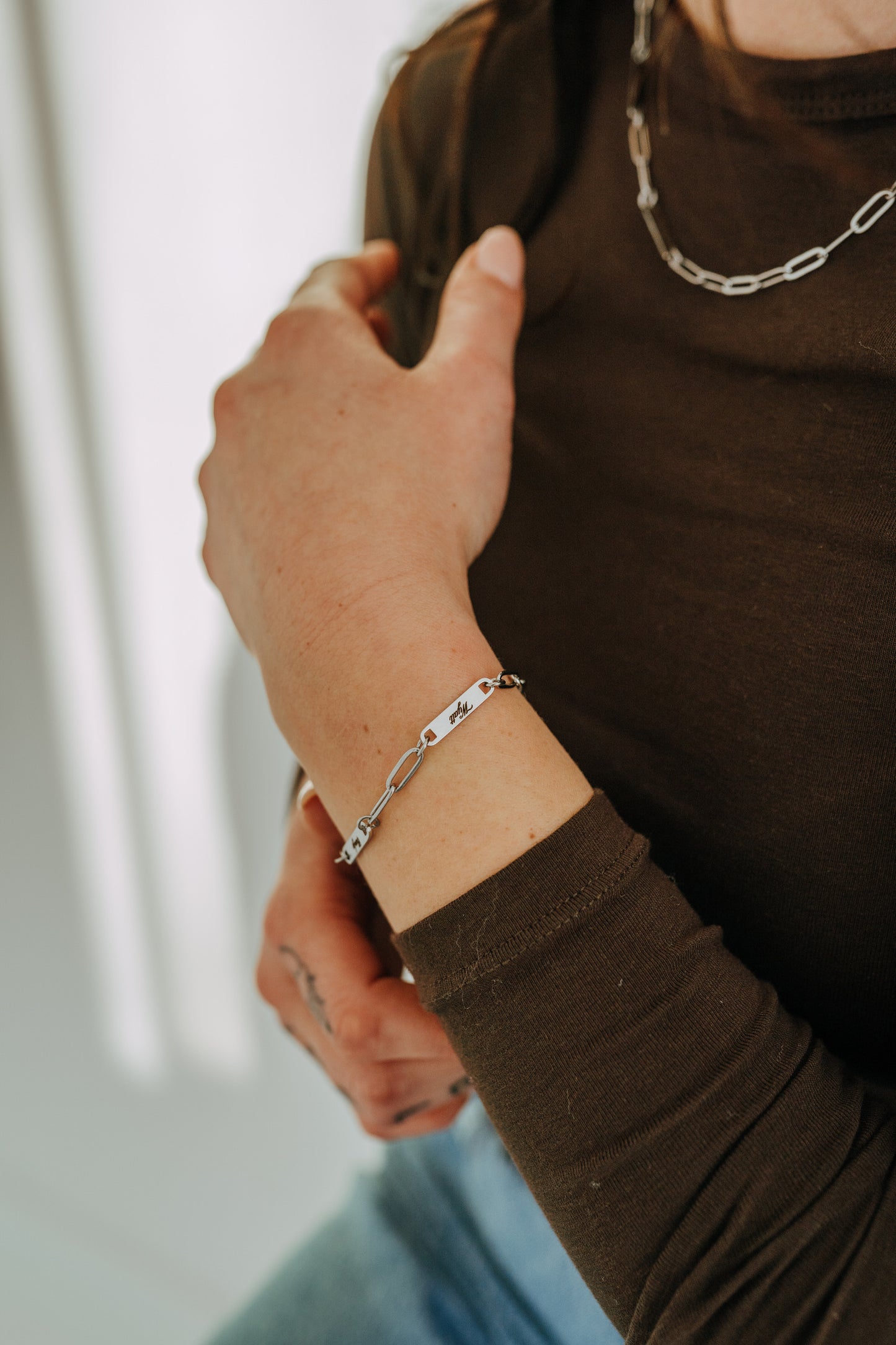 Engraved 2 Bar Bracelet - Silver Paperclip