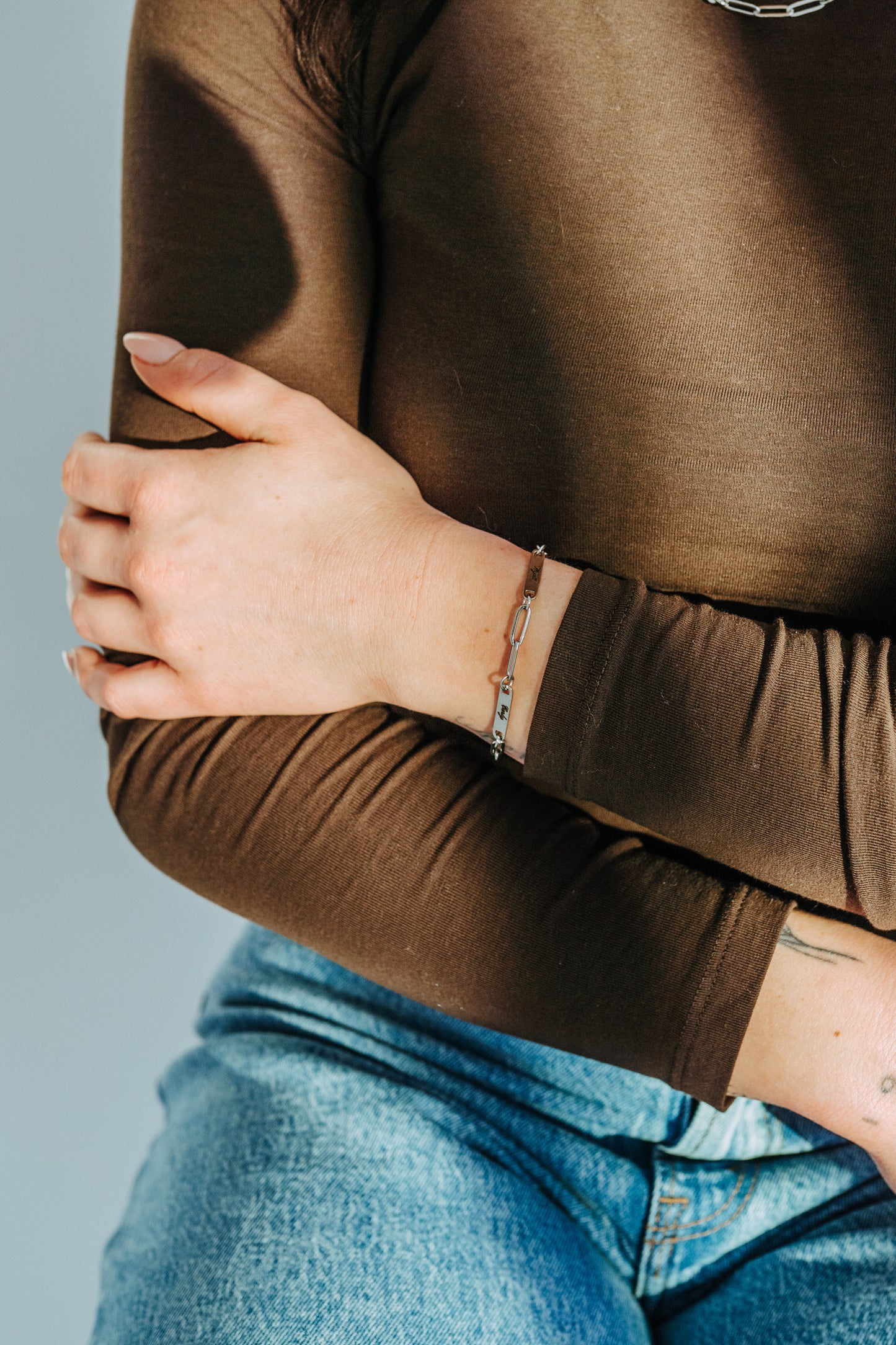 Engraved 2 Bar Bracelet - Silver Paperclip