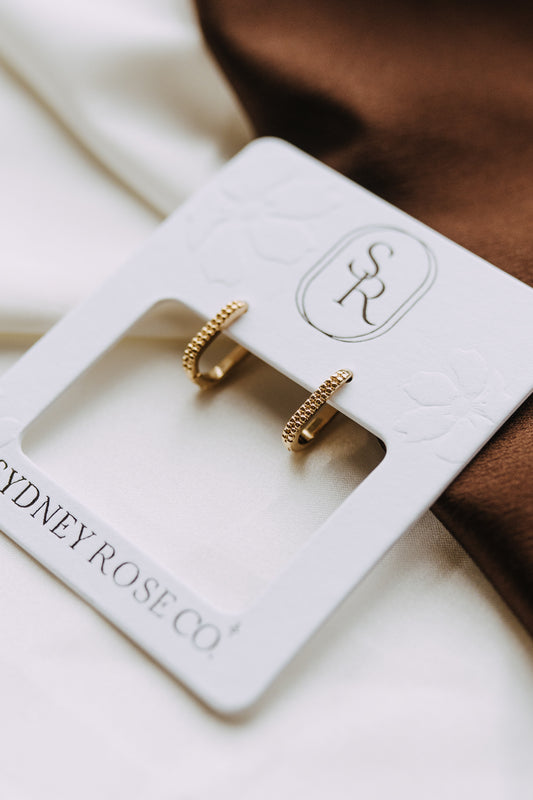 18k gold filled Maeve Rectangle Hoop earrings on Sydney Rose Co. display card