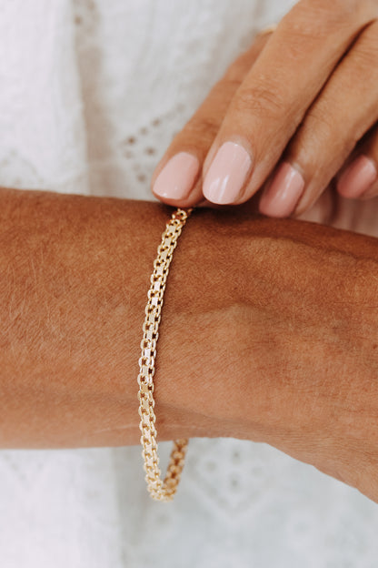 Close-up of Marlow gold filled 3.5mm double curb bracelet