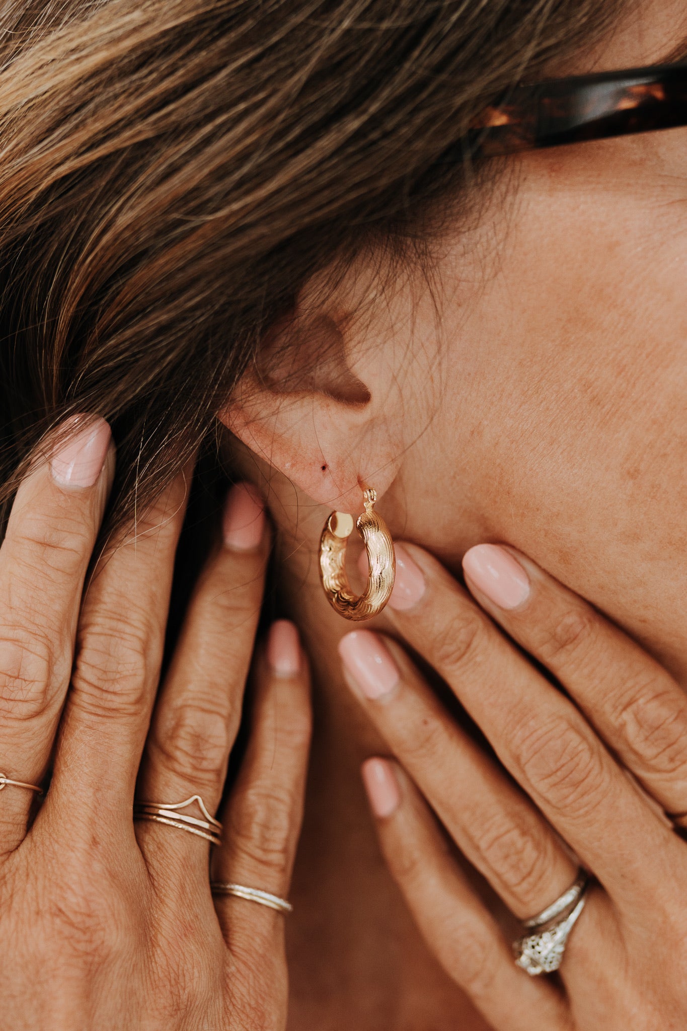 Medium-sized 18k gold filled Camellia hoop earrings for everyday wear
