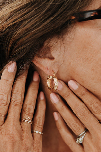 Medium-sized 18k gold filled Camellia hoop earrings for everyday wear