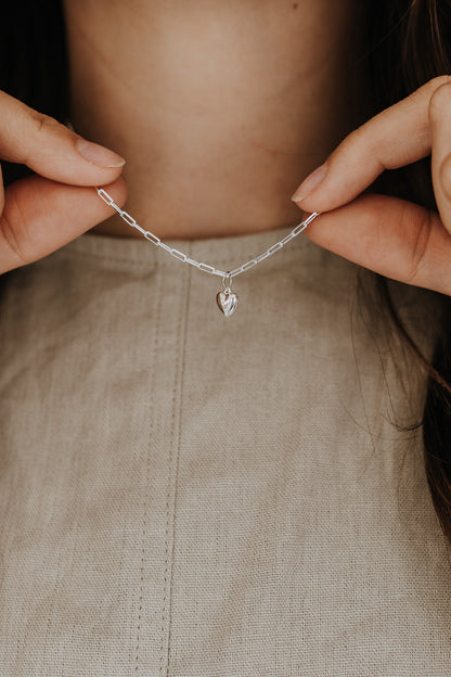 Sterling silver heart necklace with 6mm heart charm on a delicate paperclip chain