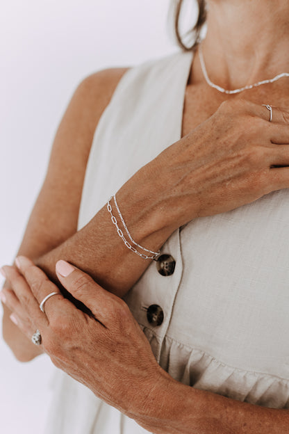Modern sterling silver bracelet combining Paperclip and Figaro chain styles.