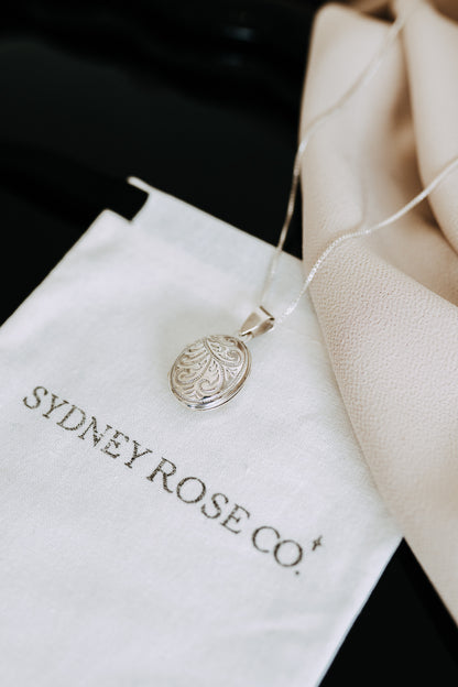 Sterling Silver Oval Locket Necklace | Classic Engraved Floral Photo Locket