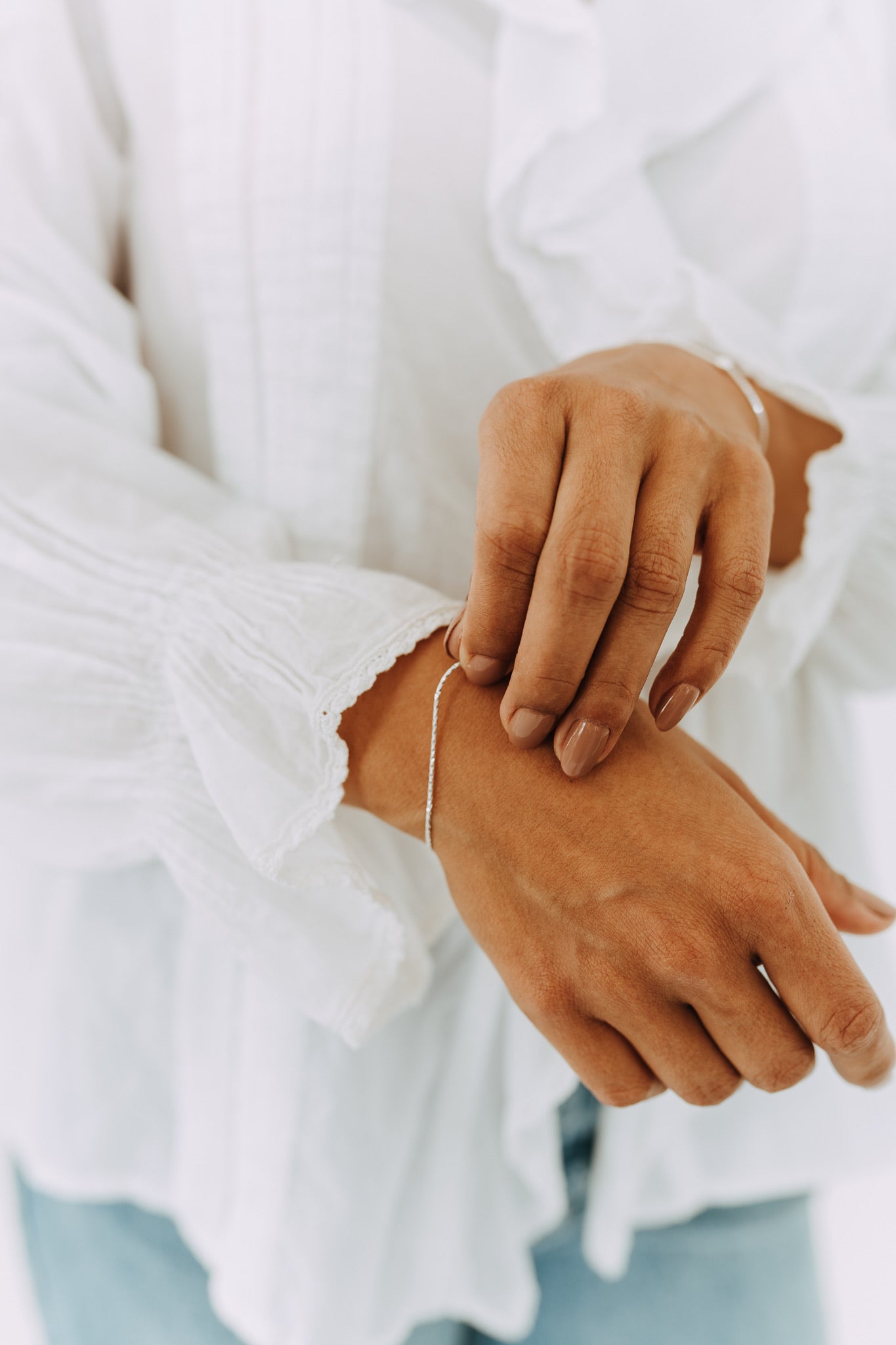 Minimalist Sterling Silver Shimmer Bracelet styled alone for everyday wear.