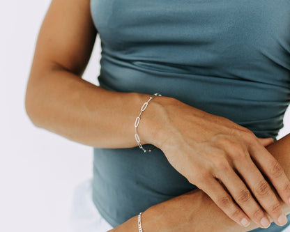Women's sterling silver paperclip bracelet styled for everyday wear
