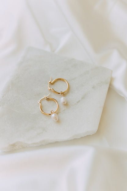 Gold filled hoop earrings with freshwater pearls for bridesmaid or graduation gift