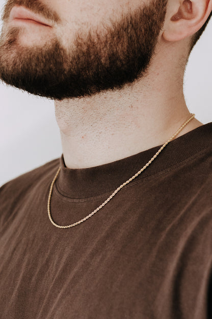Tarnish-resistant men’s rope chain necklace designed for layering or wearing solo