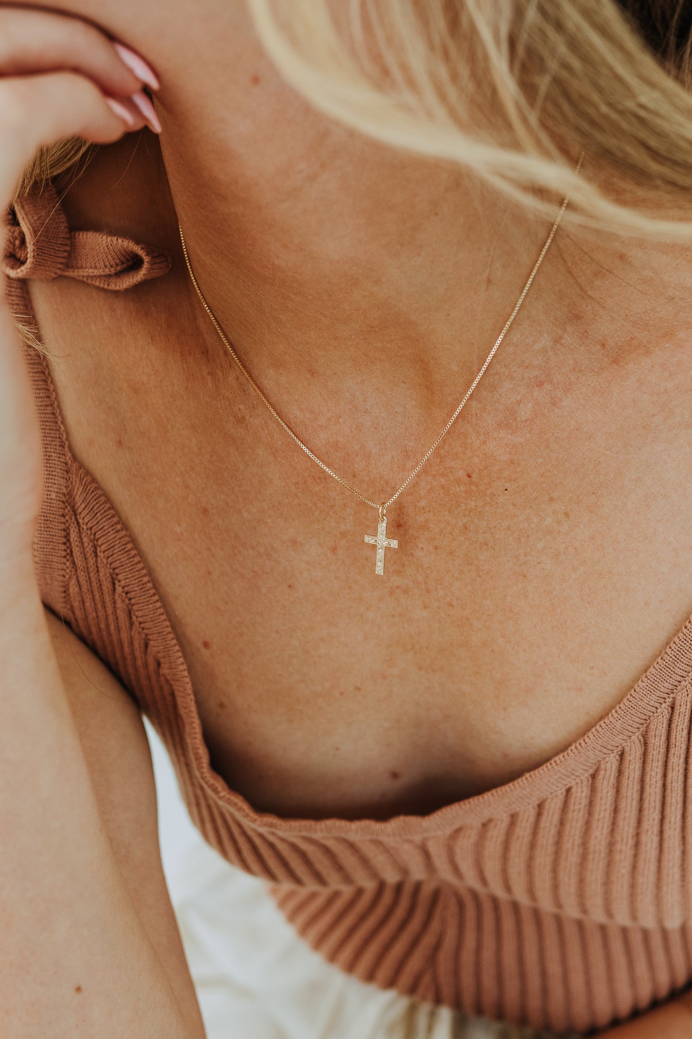 Dainty gold filled cross necklace on delicate box chain