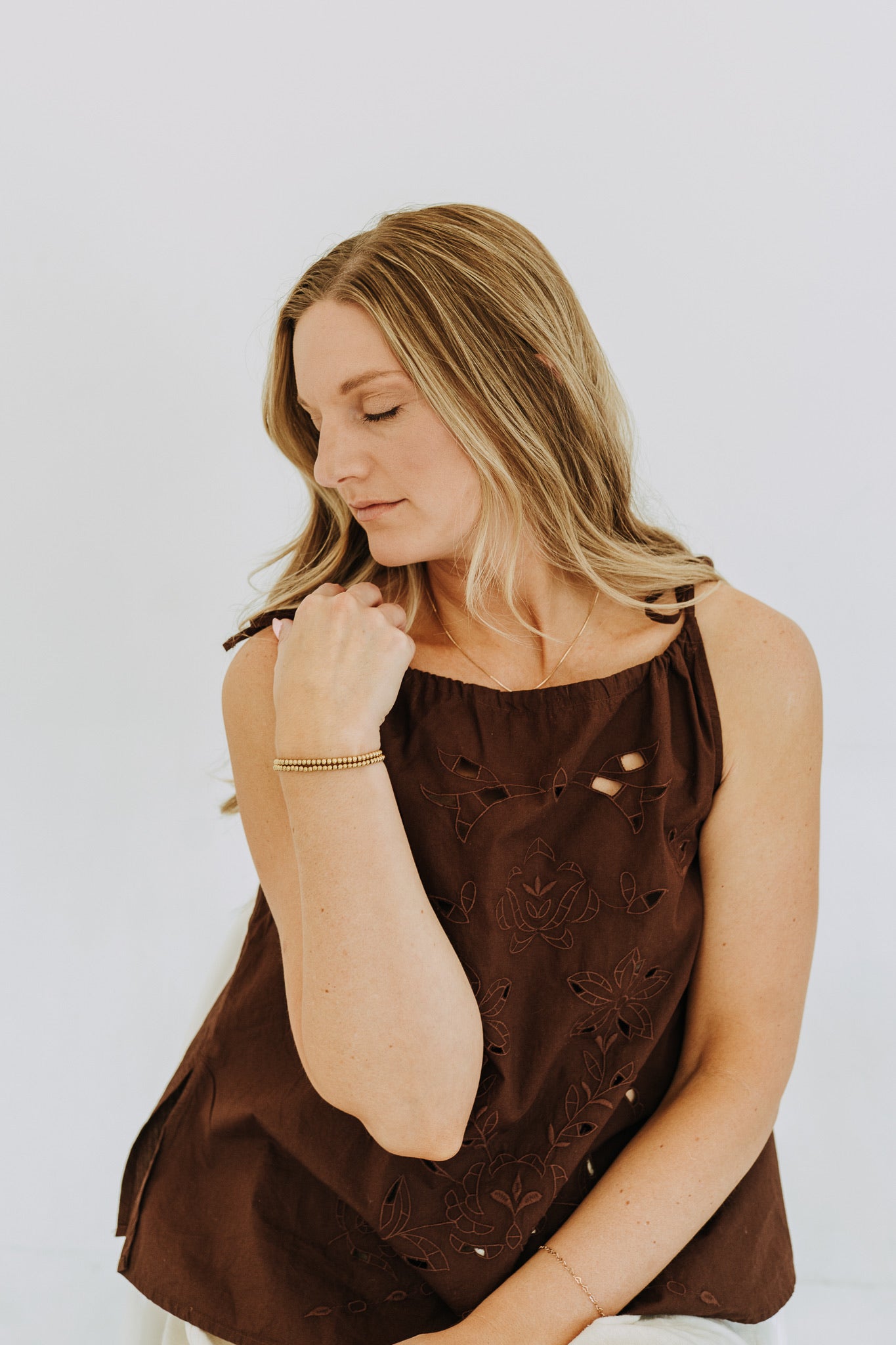 Classic gold filled bead bracelet worn alone for a simple elegant look