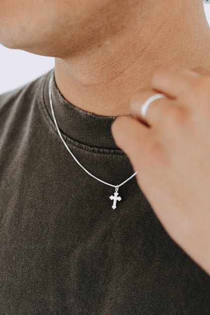 Minimal sterling silver cross necklace for men with box chain