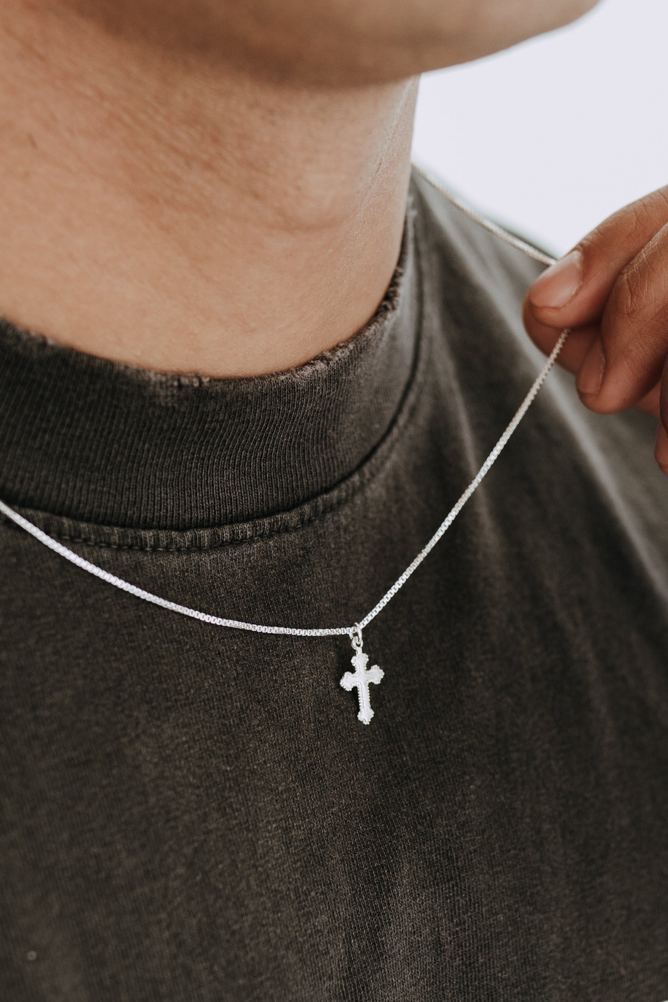 Men’s sterling silver heirloom cross necklace on a silver box chain