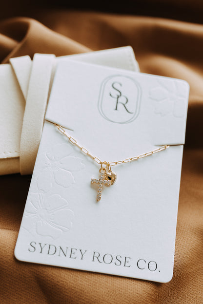CZ Cross & Heart Necklace – 18K Gold Filled